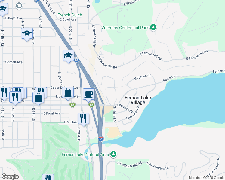 map of restaurants, bars, coffee shops, grocery stores, and more near 2501 East Sherman Avenue in Coeur d'Alene