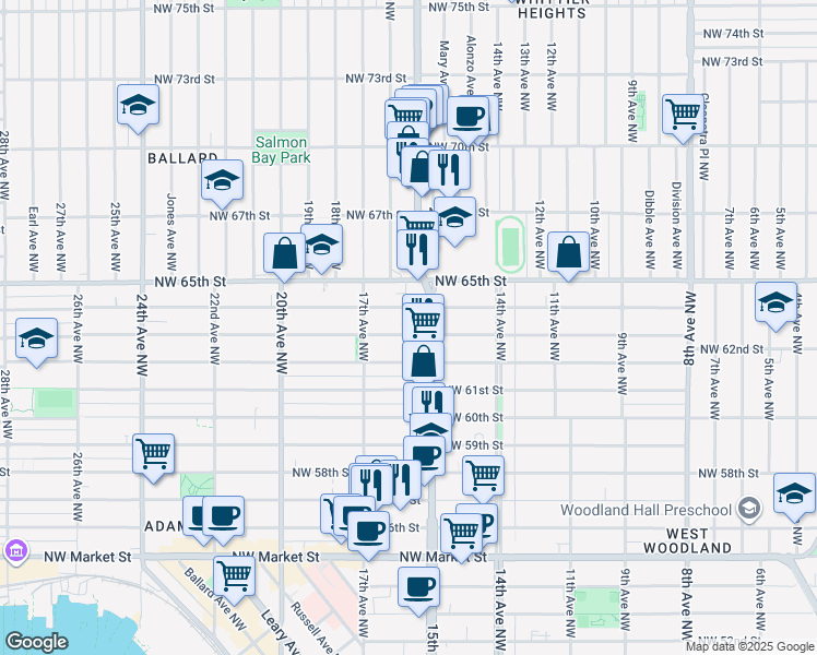 map of restaurants, bars, coffee shops, grocery stores, and more near 1531b Northwest 63rd Street in Seattle