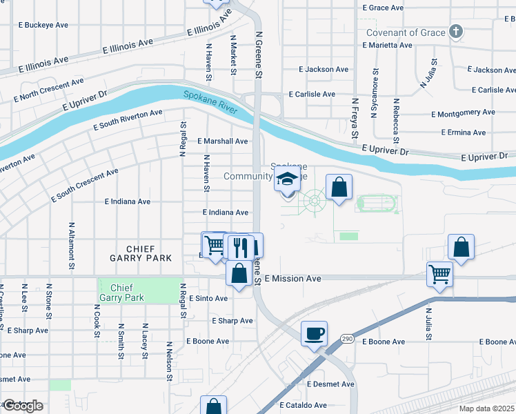 map of restaurants, bars, coffee shops, grocery stores, and more near 1810 North Greene Street in Spokane
