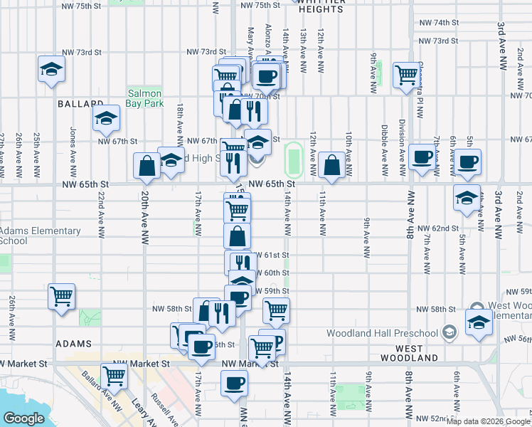 map of restaurants, bars, coffee shops, grocery stores, and more near 1422 Northwest 63rd Street in Seattle