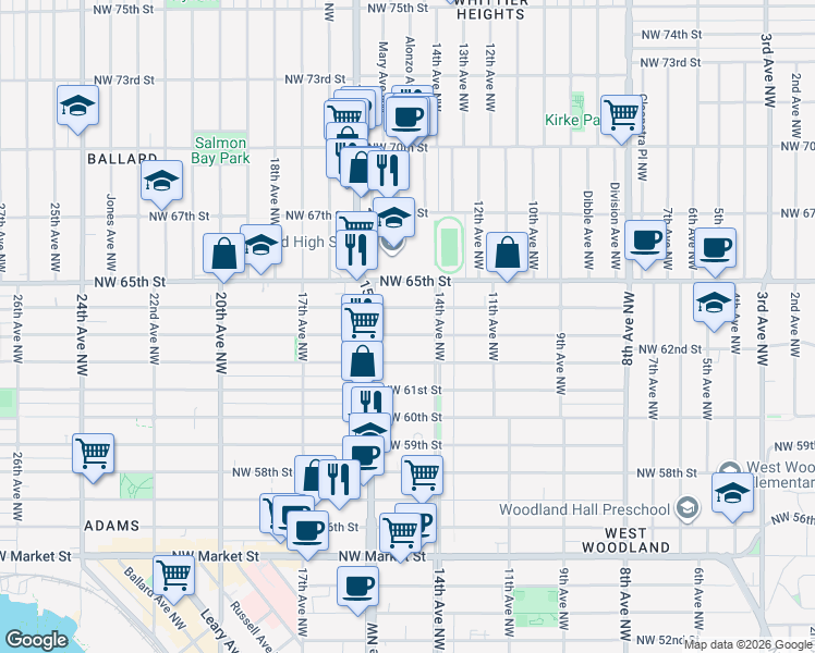 map of restaurants, bars, coffee shops, grocery stores, and more near 1422 Northwest 63rd Street in Seattle