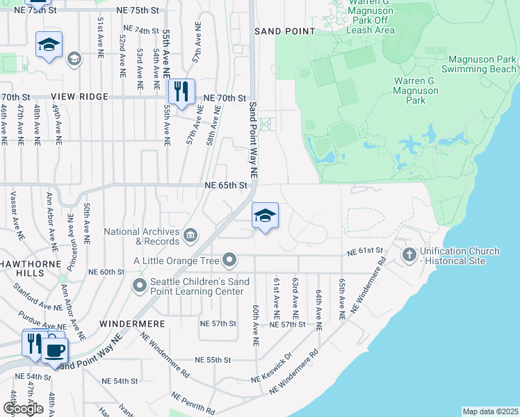 map of restaurants, bars, coffee shops, grocery stores, and more near 6300 Sand Point Way Northeast in Seattle