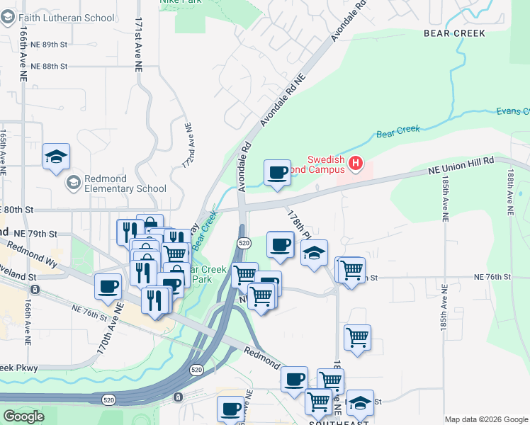 map of restaurants, bars, coffee shops, grocery stores, and more near 17601 Northeast Union Hill Road in Redmond