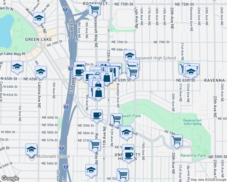 map of restaurants, bars, coffee shops, grocery stores, and more near 1215 Northeast 64th Street in Seattle