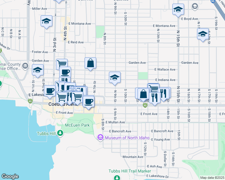 map of restaurants, bars, coffee shops, grocery stores, and more near 218 North 9th Street in Coeur d'Alene