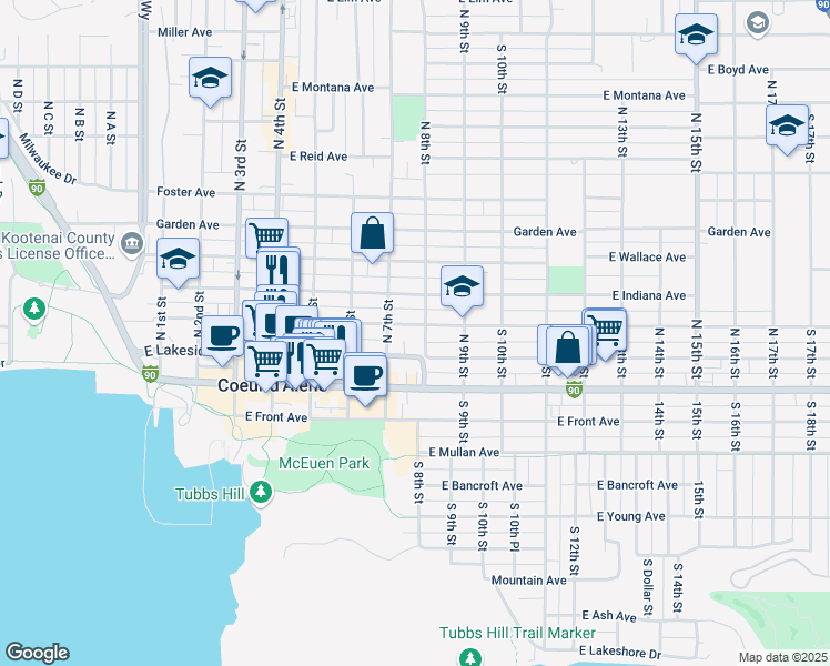 map of restaurants, bars, coffee shops, grocery stores, and more near 208 North 8th Street in Coeur d'Alene