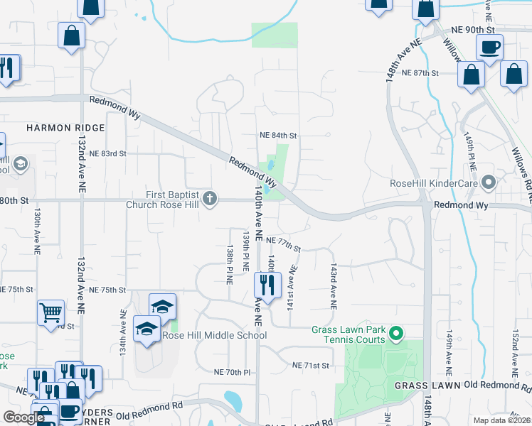 map of restaurants, bars, coffee shops, grocery stores, and more near 7811 140th Place Northeast in Redmond