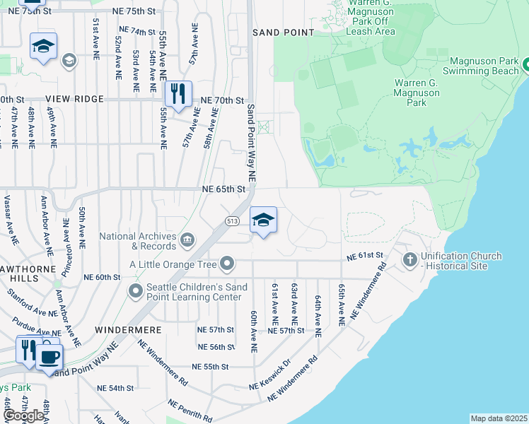 map of restaurants, bars, coffee shops, grocery stores, and more near 6302 Sand Point Way Northeast in Seattle