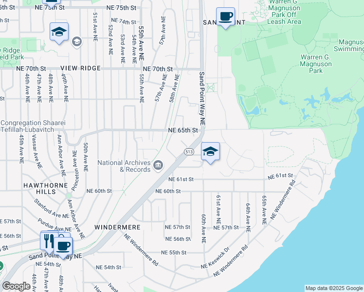 map of restaurants, bars, coffee shops, grocery stores, and more near 6369 Sand Point Way Northeast in Seattle