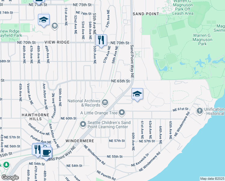map of restaurants, bars, coffee shops, grocery stores, and more near 6359 58th Avenue Northeast in Seattle