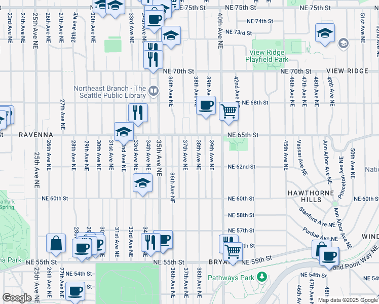 map of restaurants, bars, coffee shops, grocery stores, and more near 6215 38th Avenue Northeast in Seattle