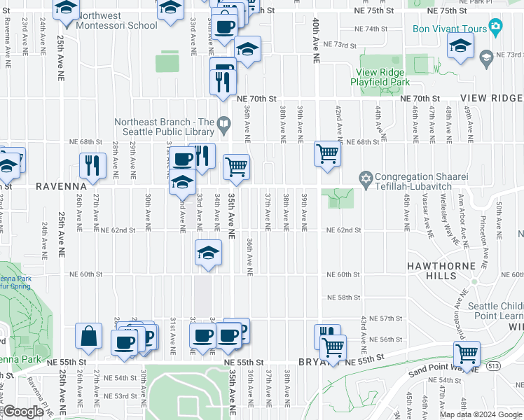 map of restaurants, bars, coffee shops, grocery stores, and more near 6214 36th Avenue Northeast in Seattle