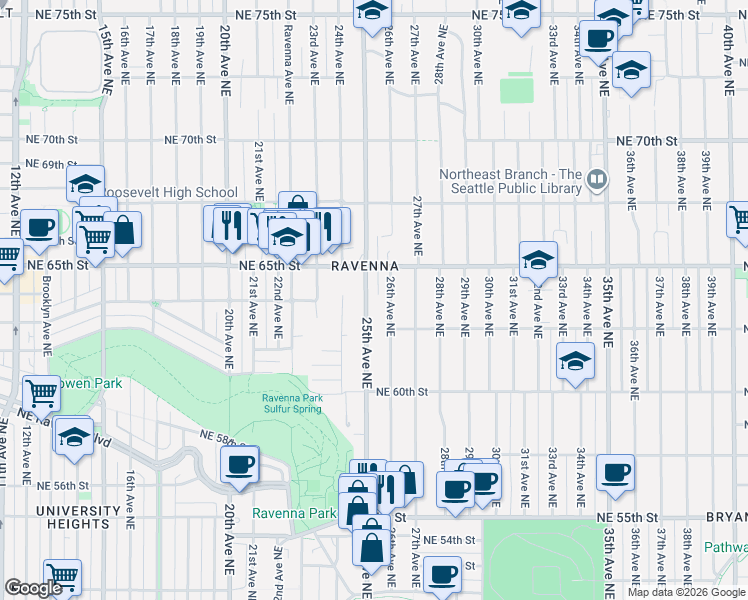 map of restaurants, bars, coffee shops, grocery stores, and more near 6221 25th Avenue Northeast in Seattle