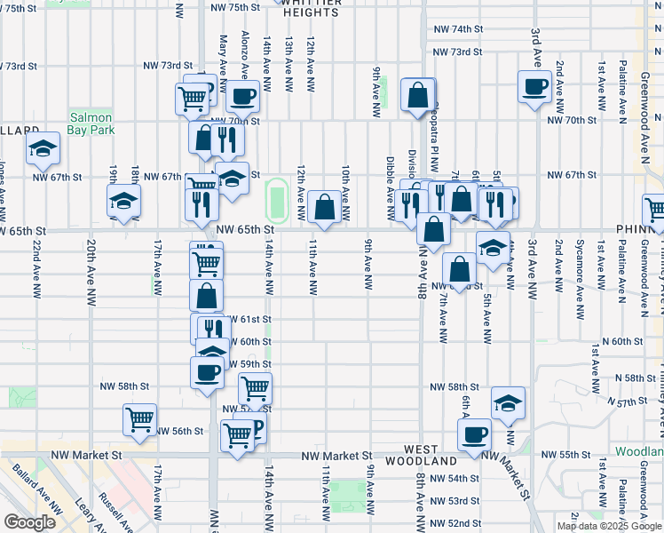 map of restaurants, bars, coffee shops, grocery stores, and more near 931 Northwest 63rd Street in Seattle