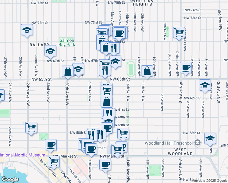 map of restaurants, bars, coffee shops, grocery stores, and more near 1447 Northwest 63rd Street in Seattle