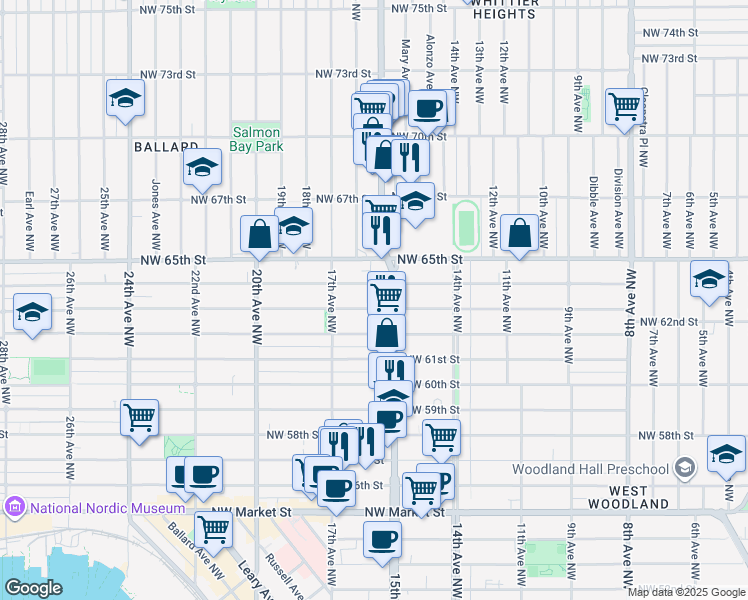 map of restaurants, bars, coffee shops, grocery stores, and more near 1531b Northwest 63rd Street in Seattle