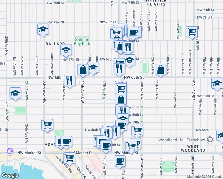 map of restaurants, bars, coffee shops, grocery stores, and more near 1531b Northwest 63rd Street in Seattle