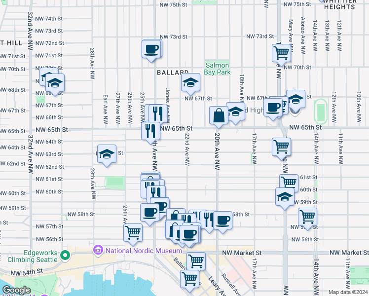 map of restaurants, bars, coffee shops, grocery stores, and more near 2201 Northwest 63rd Street in Seattle