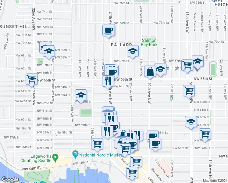 map of restaurants, bars, coffee shops, grocery stores, and more near 2243 Northwest 63rd Street in Seattle