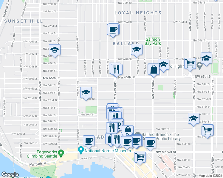 map of restaurants, bars, coffee shops, grocery stores, and more near 2401 Northwest 63rd Street in Seattle