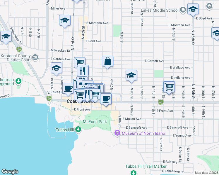 map of restaurants, bars, coffee shops, grocery stores, and more near 703 East Lakeside Avenue in Coeur d'Alene