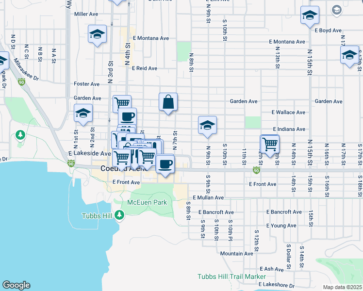 map of restaurants, bars, coffee shops, grocery stores, and more near 703 East Lakeside Avenue in Coeur d'Alene