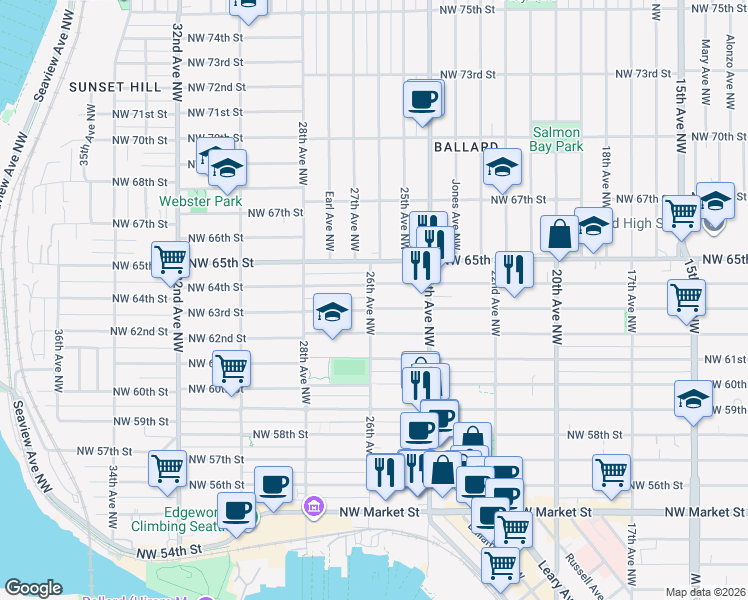 map of restaurants, bars, coffee shops, grocery stores, and more near 2441A Northwest 63rd Street in Seattle