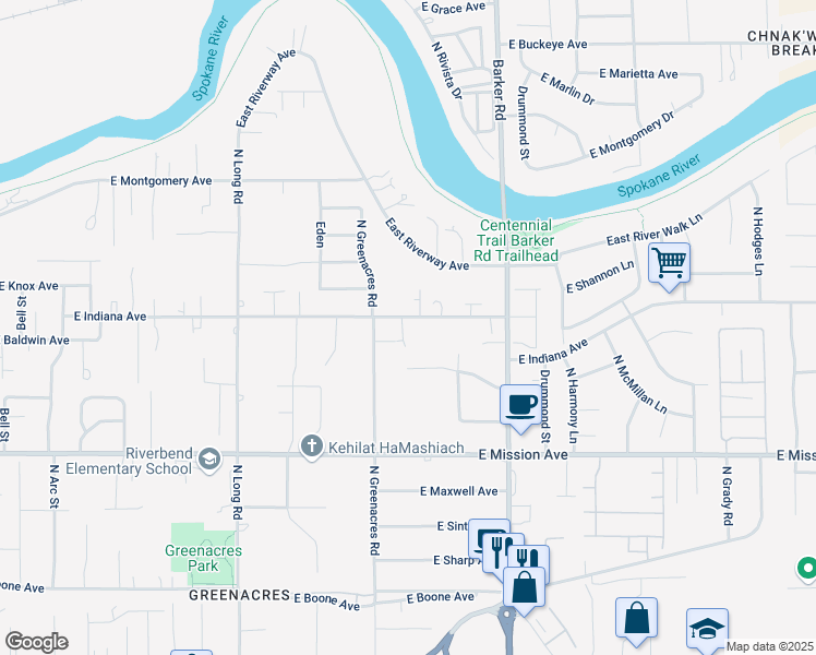 map of restaurants, bars, coffee shops, grocery stores, and more near 18410 East Indiana Avenue in Spokane Valley
