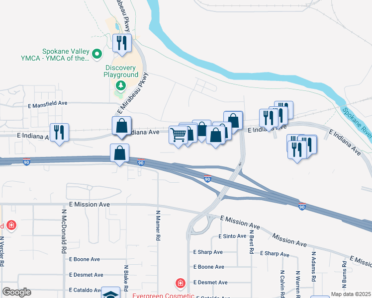 map of restaurants, bars, coffee shops, grocery stores, and more near 13804 East Indiana Avenue in Spokane Valley