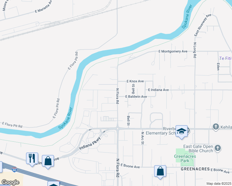 map of restaurants, bars, coffee shops, grocery stores, and more near 1919 North Flora Road in Spokane Valley