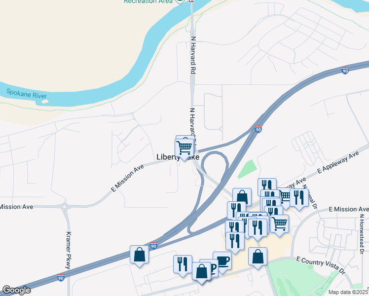 map of restaurants, bars, coffee shops, grocery stores, and more near 1803 North Harvard Road in Liberty Lake