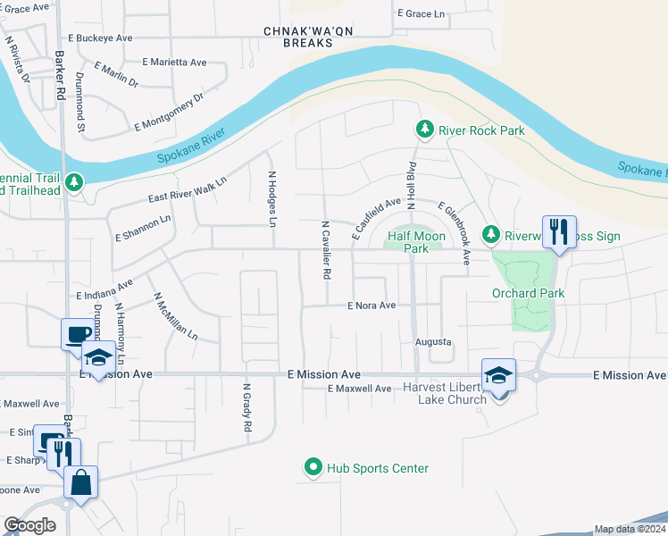 map of restaurants, bars, coffee shops, grocery stores, and more near 1920 North Cavalier Road in Liberty Lake
