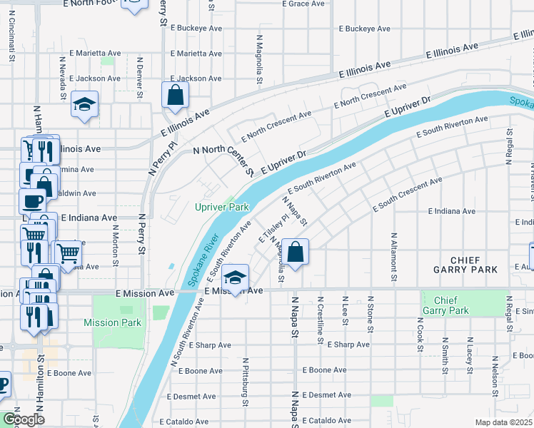 map of restaurants, bars, coffee shops, grocery stores, and more near 1914 East Tilsley Place in Spokane