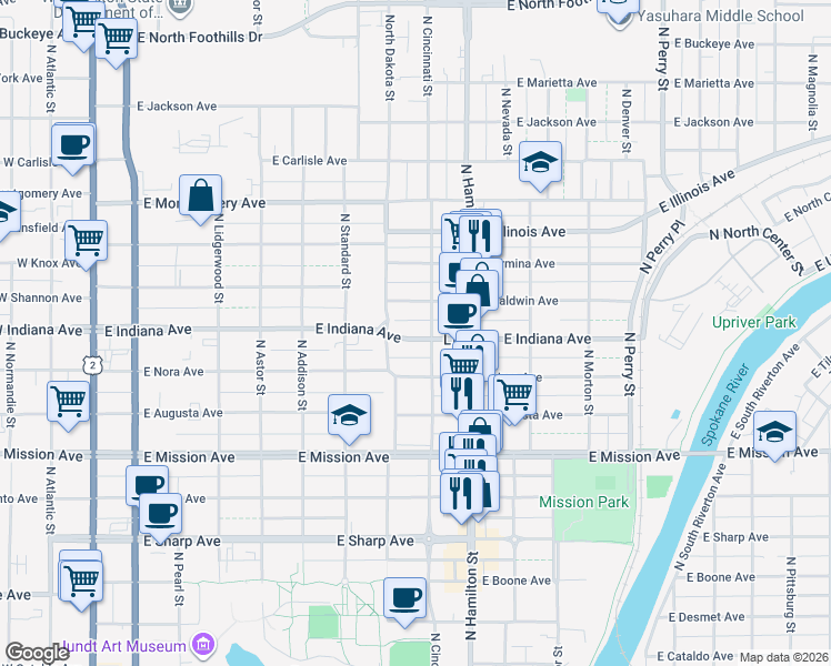 map of restaurants, bars, coffee shops, grocery stores, and more near 718 East Indiana Avenue in Spokane