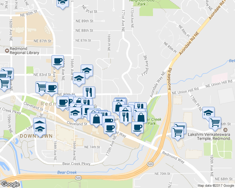 map of restaurants, bars, coffee shops, grocery stores, and more near 7980 170th Avenue Northeast in Redmond