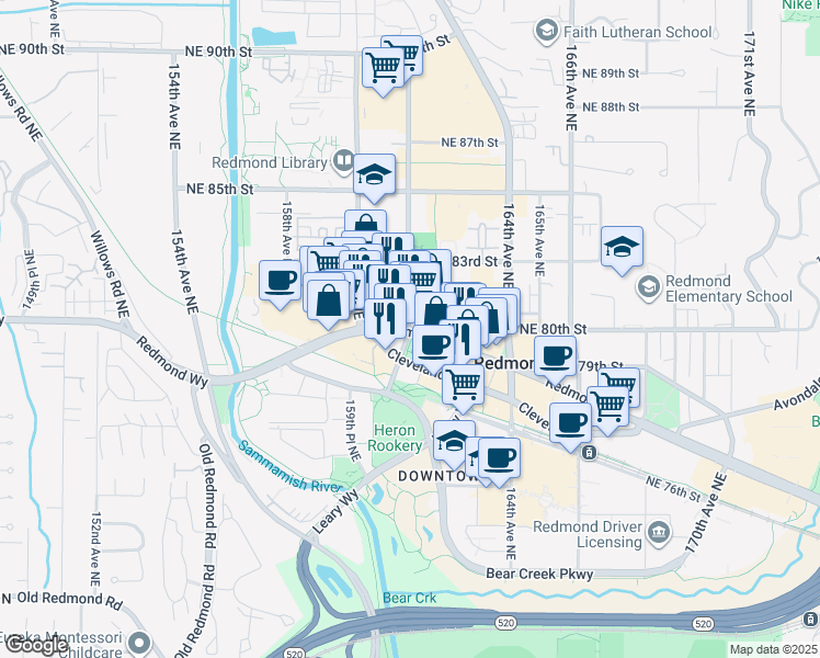 map of restaurants, bars, coffee shops, grocery stores, and more near 16101 Redmond Way in Redmond