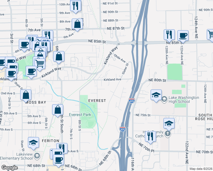 map of restaurants, bars, coffee shops, grocery stores, and more near 112 10th Street South in Kirkland