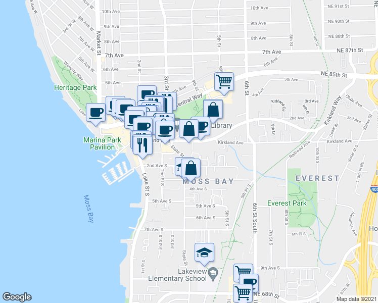 map of restaurants, bars, coffee shops, grocery stores, and more near 128 State Street in Kirkland