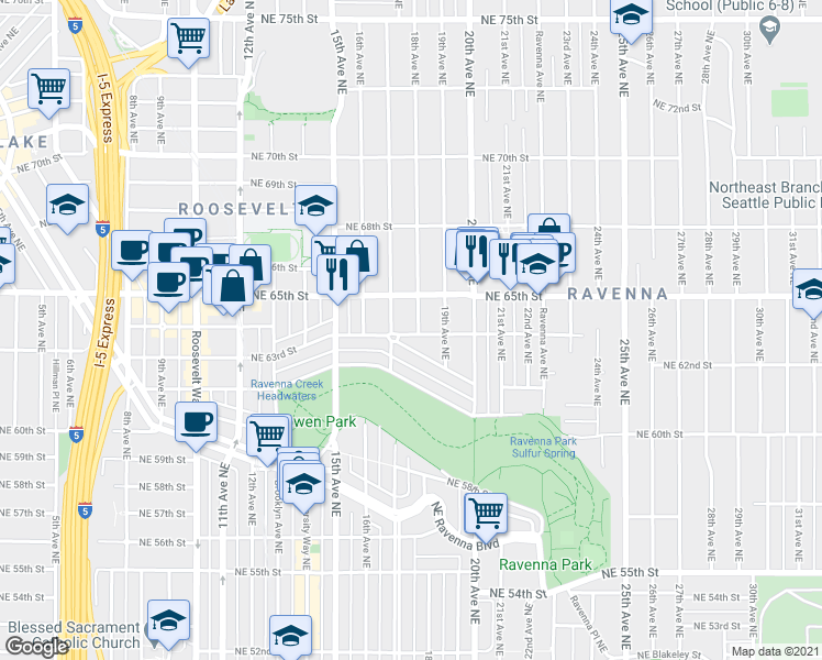 map of restaurants, bars, coffee shops, grocery stores, and more near 1732 Northeast Naomi Place in Seattle