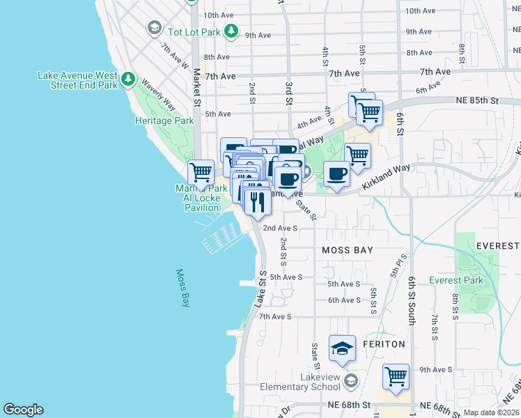 map of restaurants, bars, coffee shops, grocery stores, and more near 140 Lake Street South in Kirkland