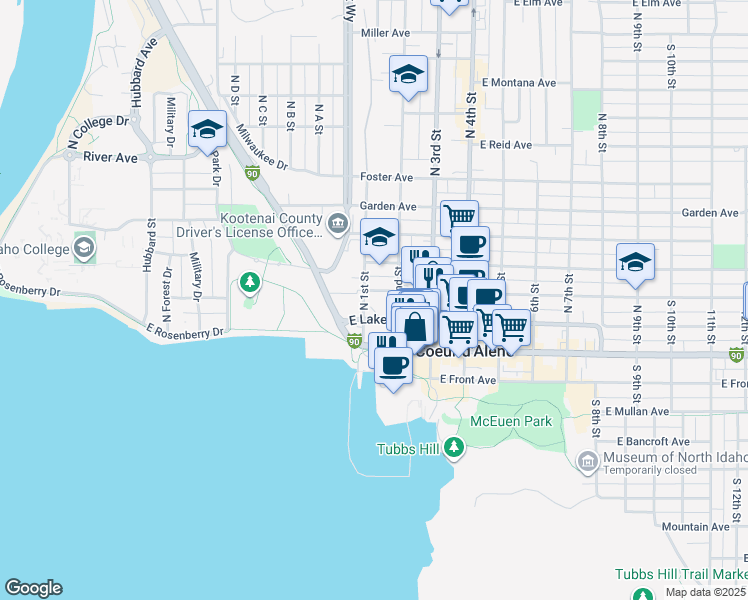 map of restaurants, bars, coffee shops, grocery stores, and more near 101 East Lakeside Avenue in Coeur d'Alene