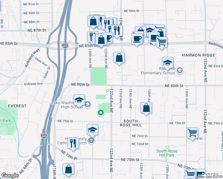 map of restaurants, bars, coffee shops, grocery stores, and more near 7916 122nd Avenue Northeast in Kirkland