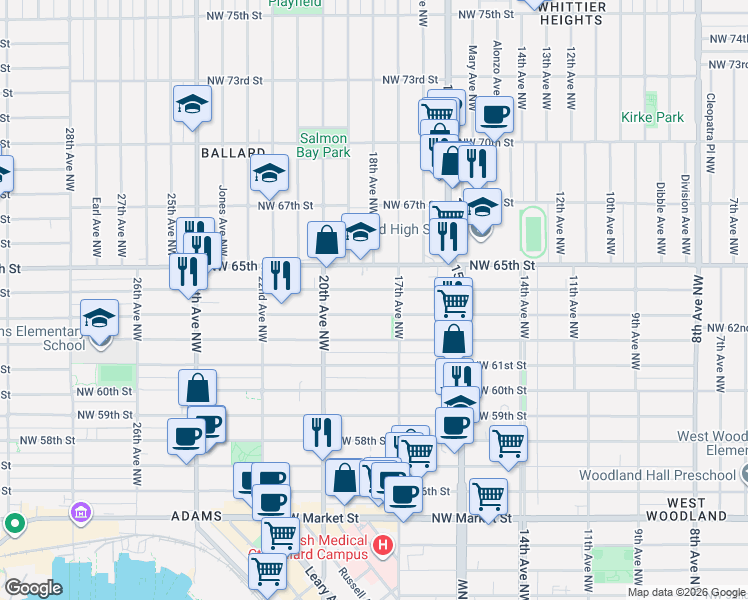 map of restaurants, bars, coffee shops, grocery stores, and more near 1723 Northwest 64th Street in Seattle