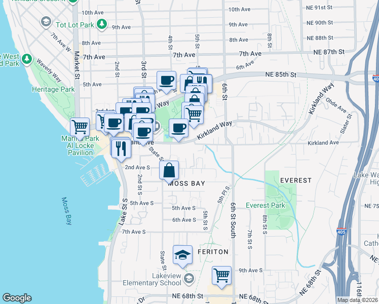 map of restaurants, bars, coffee shops, grocery stores, and more near 330 2nd Avenue South in Kirkland