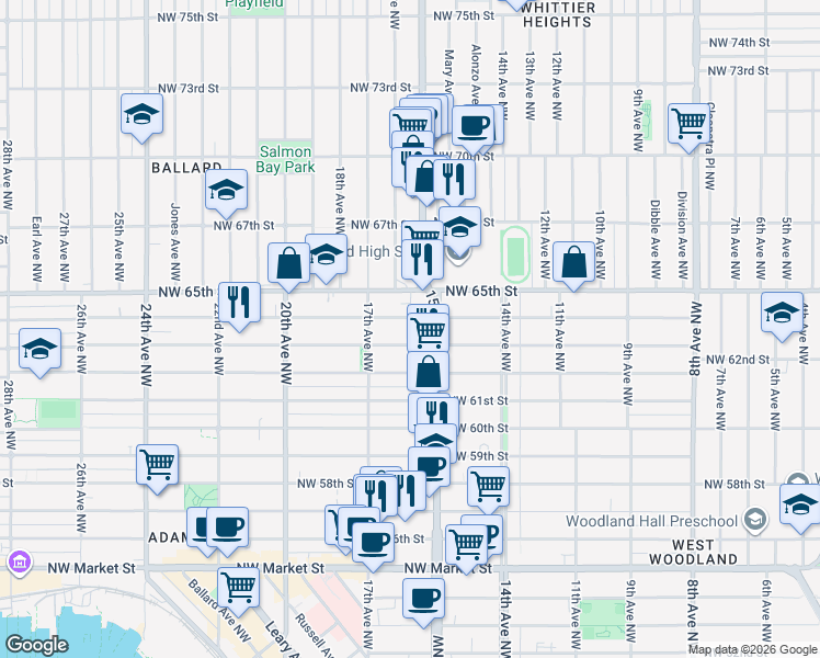 map of restaurants, bars, coffee shops, grocery stores, and more near 1531b Northwest 63rd Street in Seattle