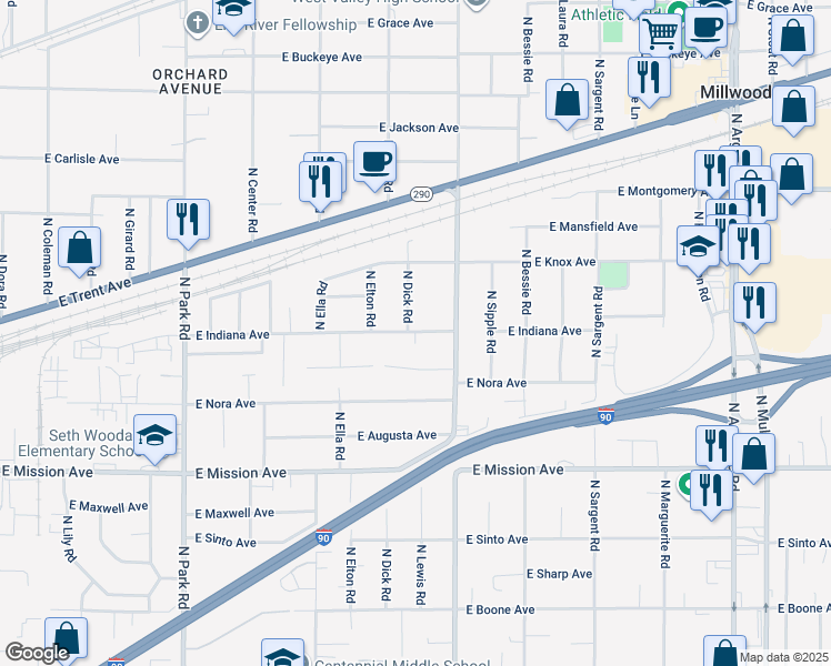 map of restaurants, bars, coffee shops, grocery stores, and more near 8101 East Baldwin Avenue in Spokane Valley