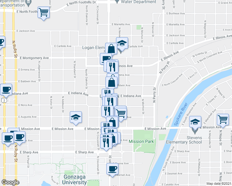 map of restaurants, bars, coffee shops, grocery stores, and more near in Spokane