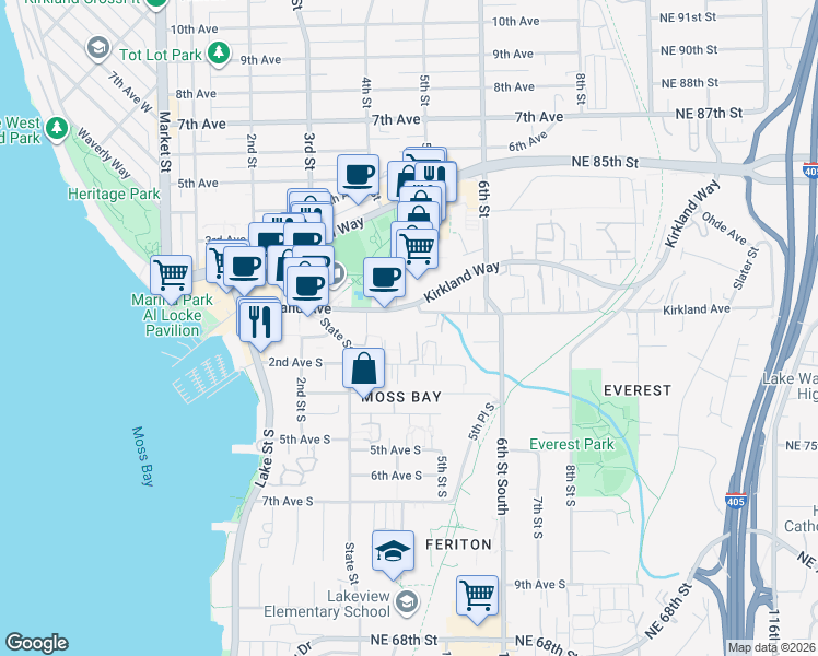 map of restaurants, bars, coffee shops, grocery stores, and more near 330 2nd Avenue South in Kirkland