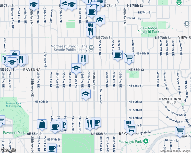map of restaurants, bars, coffee shops, grocery stores, and more near 6217 35th Avenue Northeast in Seattle