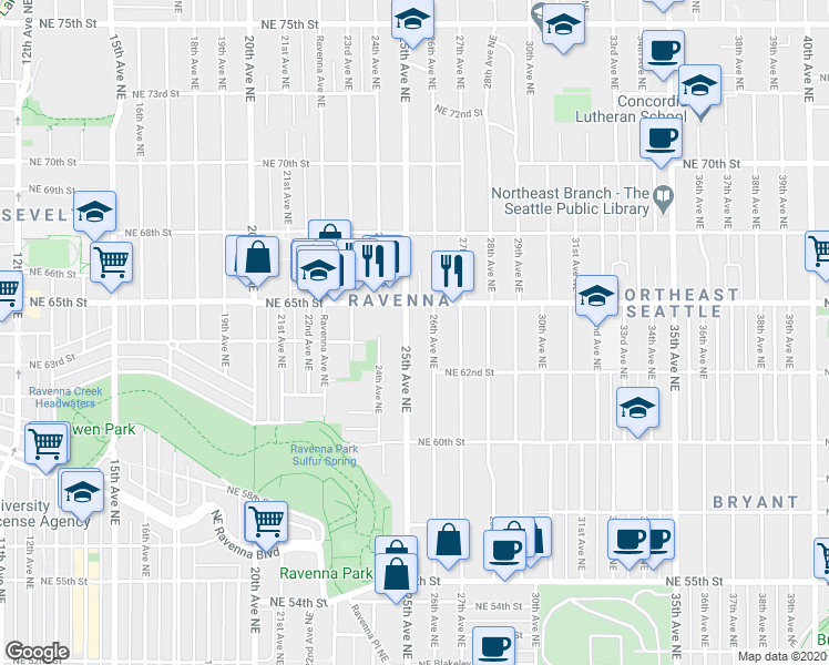 map of restaurants, bars, coffee shops, grocery stores, and more near 6221 25th Avenue Northeast in Seattle